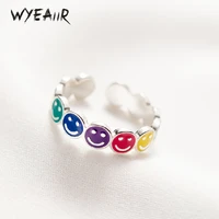 WYEAIIR 925 Sterling Silver Color Glazed Cute Smiling Face Cartoon Resizable Opening Ring For Women Luxury Jewelry 1