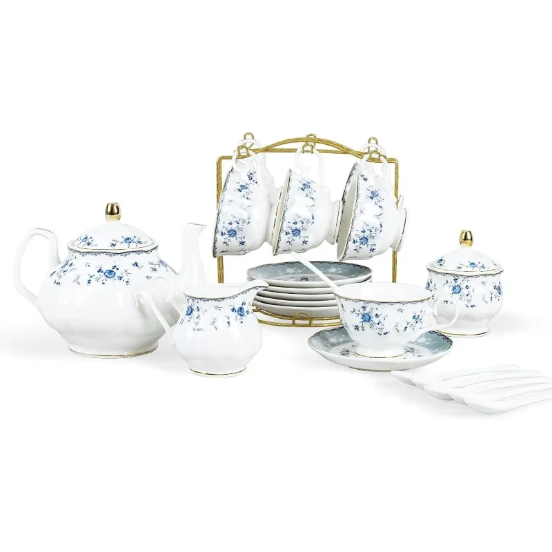 Porcelain Tea Set, British Floral Teapot with Tea Cups, Women Party Set for 6