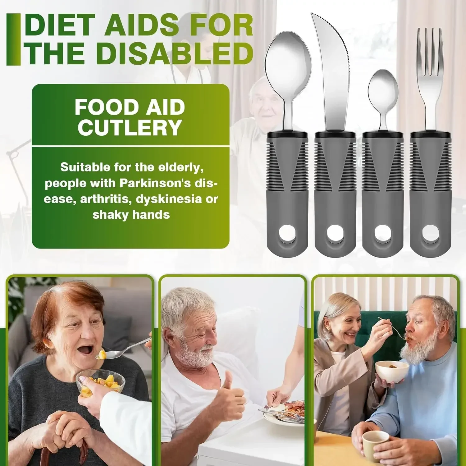 4 Adult Extra Wide Handles Disabled Cutlery Set with Knife Fork Spoon for Adult Elderly Parkinson