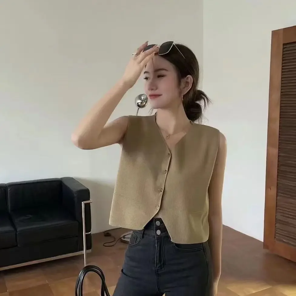 한국 스타일 심플한 단색 니트 조끼 여성, 빈티지 쁘띠, 다목적 브이넥 조끼, 아우터, 2023 신상, 가을