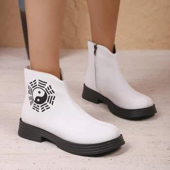 من المألوف جديد مريح سميكة سوليد المضادة للانزلاق أحذية نسائية الشتاء الرجعية مثير جولة رئيس سستة أحذية قصيرة غير رسمية