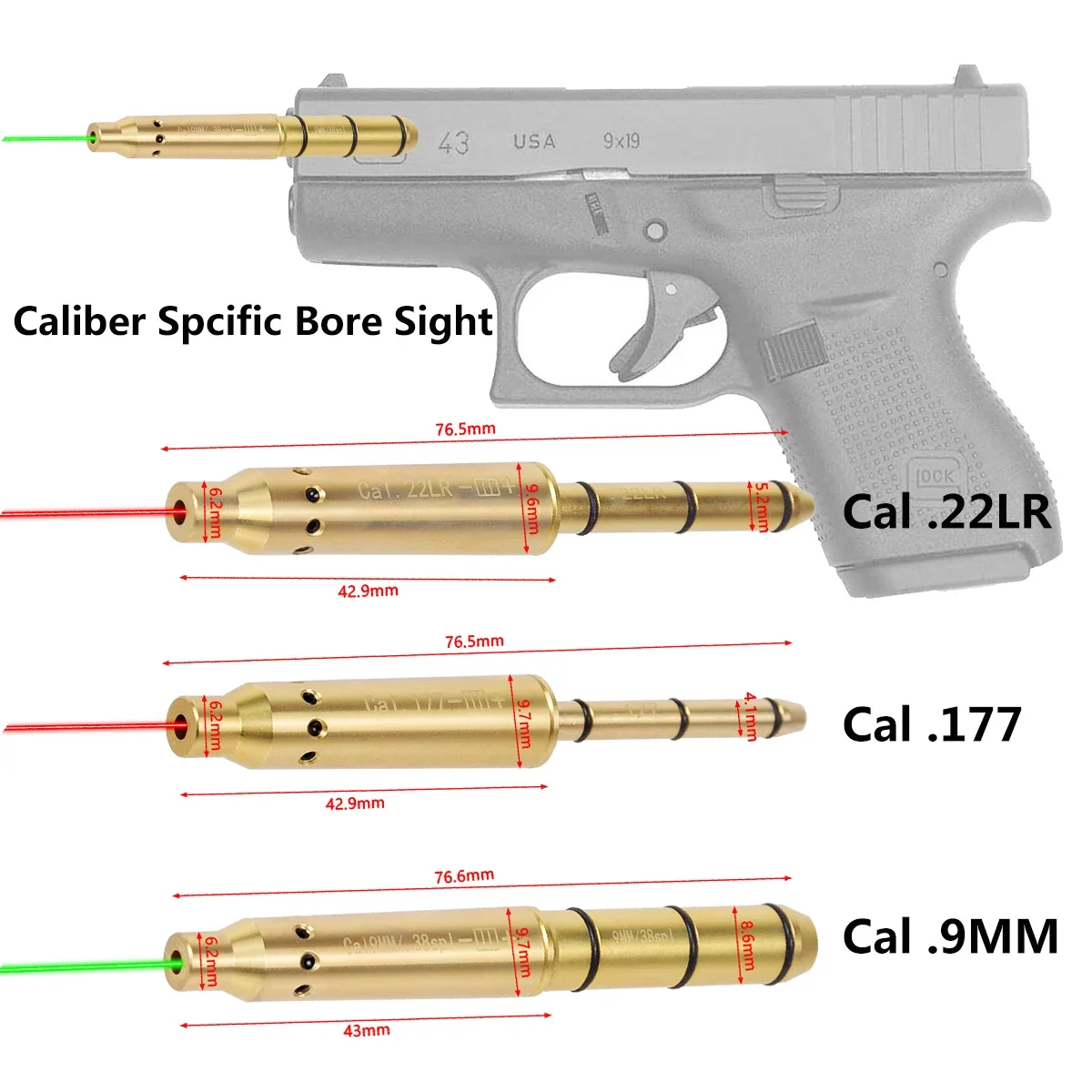 Tactical 9mm Laser Bore Sight Red Dot Laser Pointer For Pistols