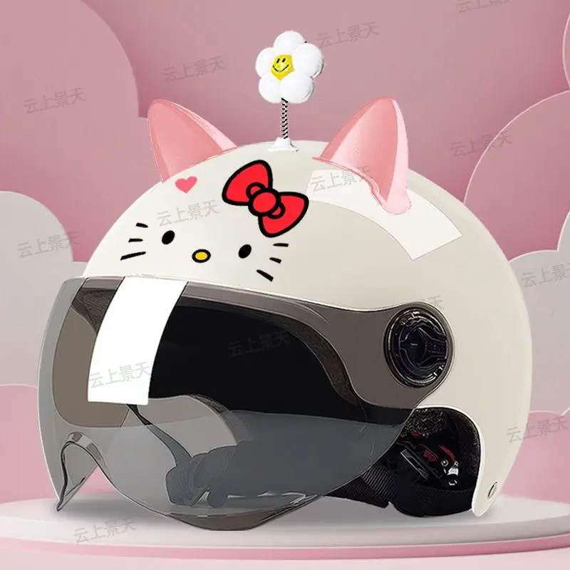 

Kawaii Sanrios Hello Kitty Motorcycle Electric Bicycle Helmet with Smile Flower 3D Cat Bear Ear Women Motorbike Moto Bike Helmet