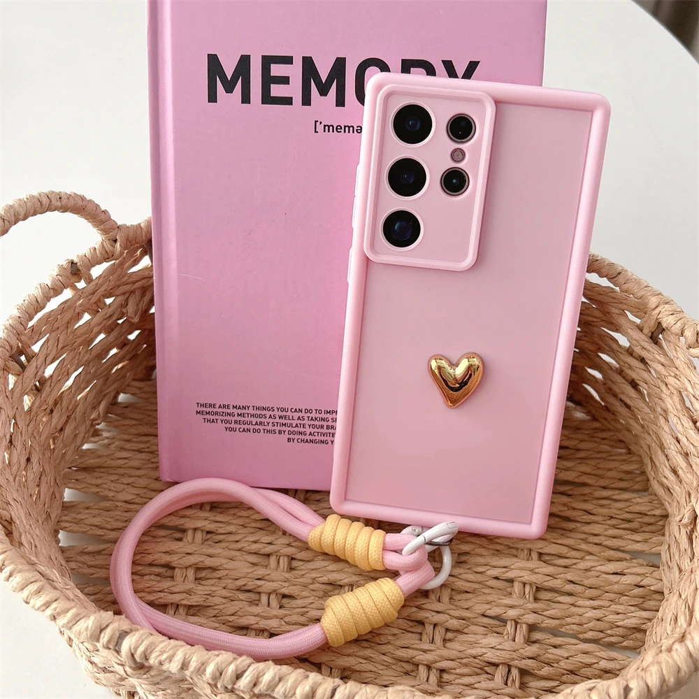 Elegant 3D Gold Love Heart Wrist Chain Silicone Phone Case Cover