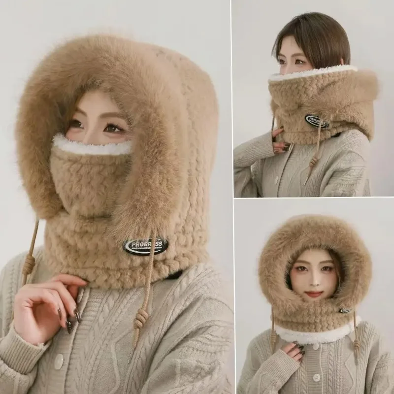 Women Winter Thermal Hood Hat Scarf Mask Set