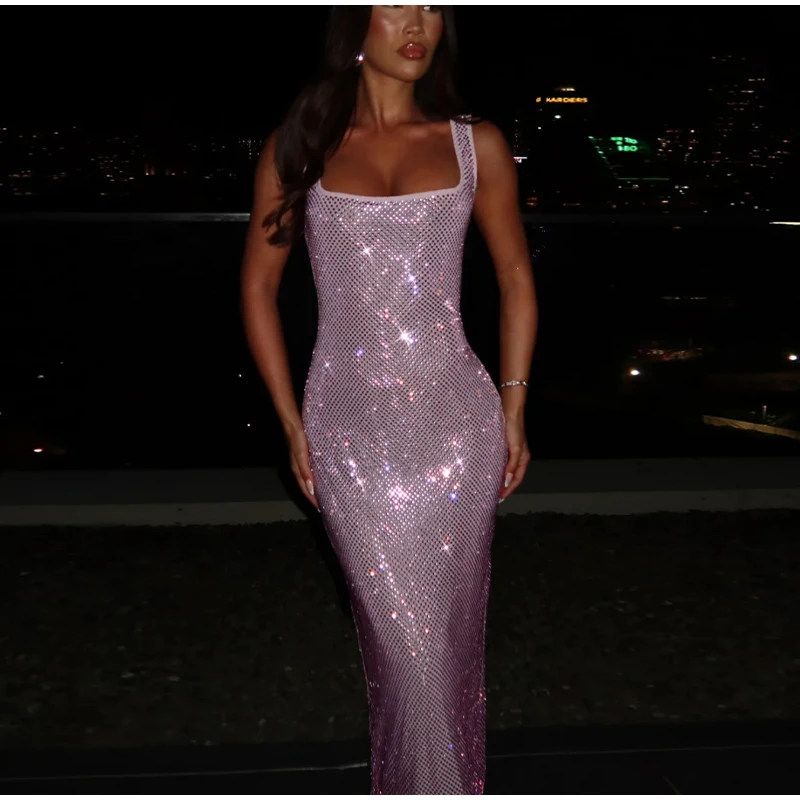 Pailletten Diamanten Rohr Langes Kleid Für Frauen Quadrat Kragen Ärmellose A-linie Mesh Robe 2025, Sommer Elegante Weibliche Party Kleider – Detail 20