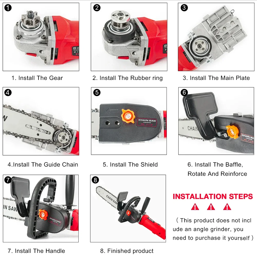 12 Inch Electric Chain Saw Adapter Home DIY Power Tool Kit for 100-180mm Angle Grinder, M10-M14-M16 Adjustable Chain Saw Adapter 6