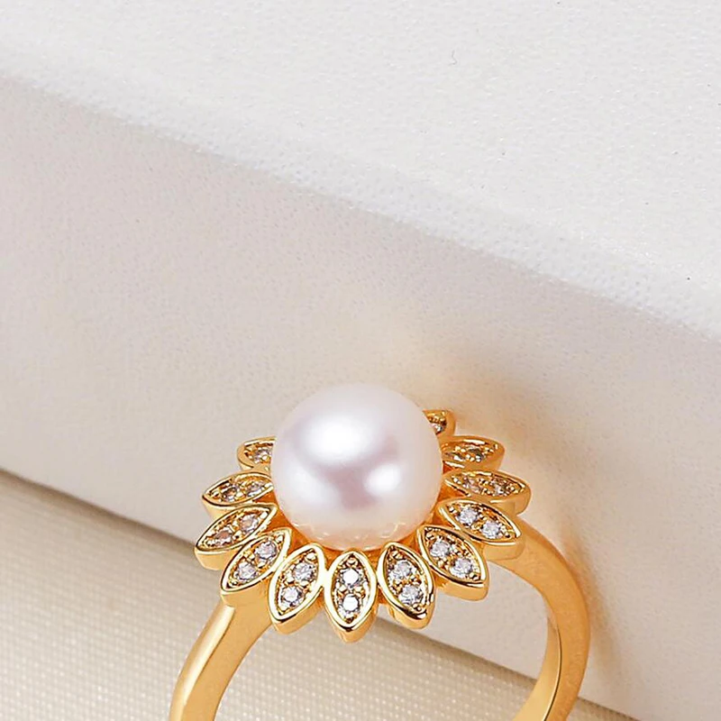 MULICHEN Zircon Inlaid Copper Plated 14K Gold Open Women's Ring 7-8mm Freshwater Pearl Ring Jewelry Free Shipping Gift