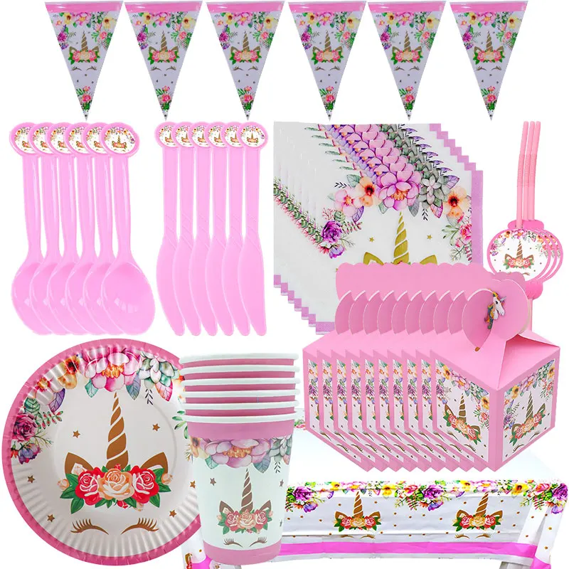 Unicorn Birthday party Supplies Tableware Set Plates Cups Banner Latex Balloon Kit Photography Background Kids Cartoon Decors