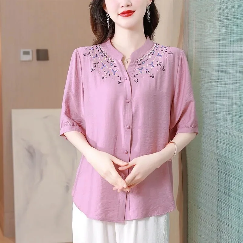 Fashion Large Embroidered Cotton Hemp Top Women's Short Sleeve Summer T-Shirt Female Fashiona Shirt Loose Sky Silk Shirt Button