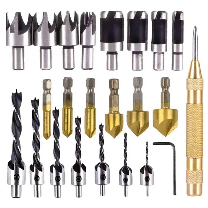 23Pc Wood Drill 3 10mm HSS Countersink Drill Bit Wood Plug Cutter with