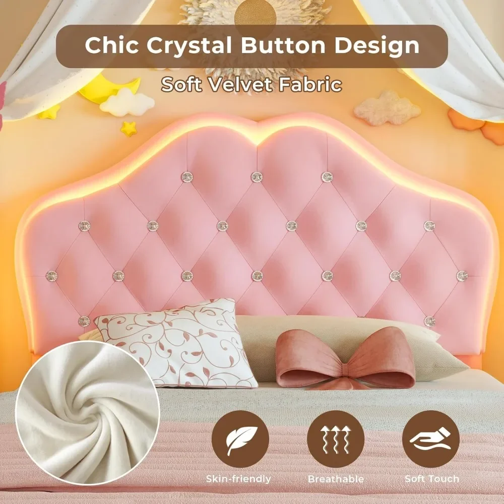 Twin Size Bed Frame with Storage Drawer, LED Lights, Adjustable Headboard with Velvet Crystal Button, Upholstered Platform Bed 5