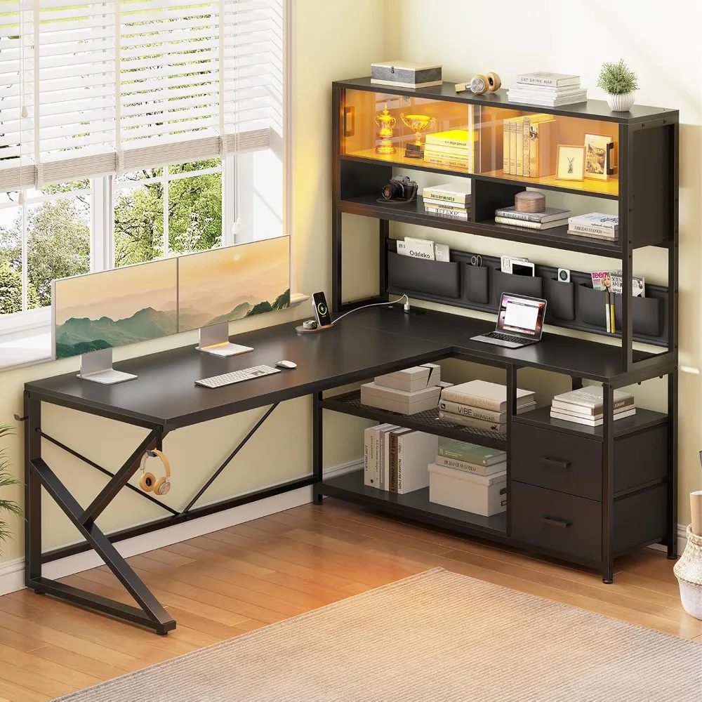 L Shaped Gaming Desk with LED Lights, Storage Shelves, Glass Cabinet & Power Outlets - Black Corner Computer Desk