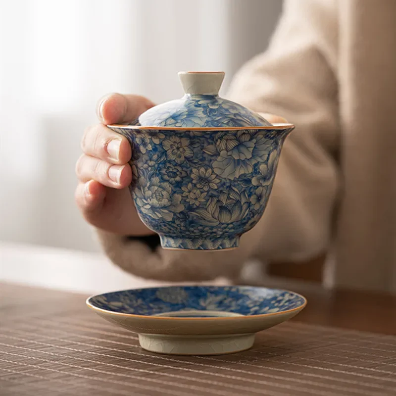 130ml Chinese Antique Ru Kiln Flowers Tea Tureen Covered Bowl Ceramic Gaiwan Teacup Household Tea Separator Travel Teaware