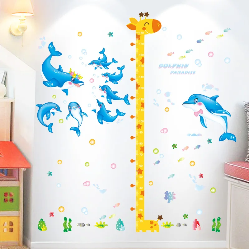 

Creative Height Measure Wall Stickers DIY Cartoon Giraffe Dlophins Animals Wall Decals for Kids Bedroom Nursery Home Decoration