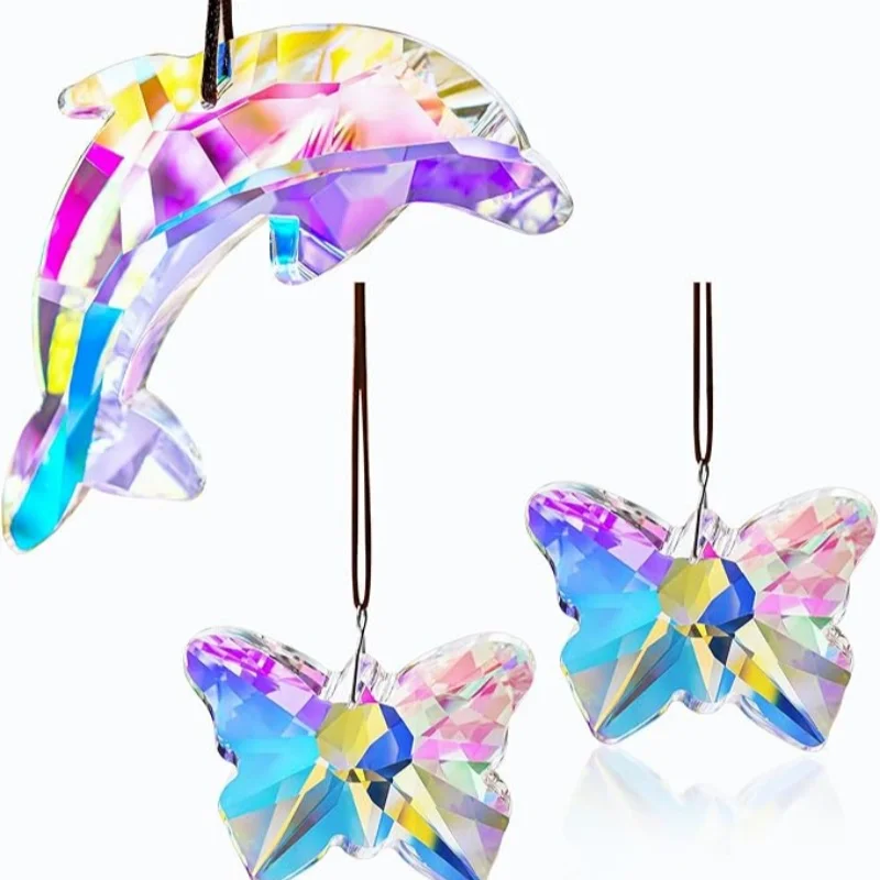 2 Pcs Butterfly Dolphin Crystal Suncatcher Prism Sun Catchers for Window Garden Indoor Outdoor Decor Home Christmas Decorations