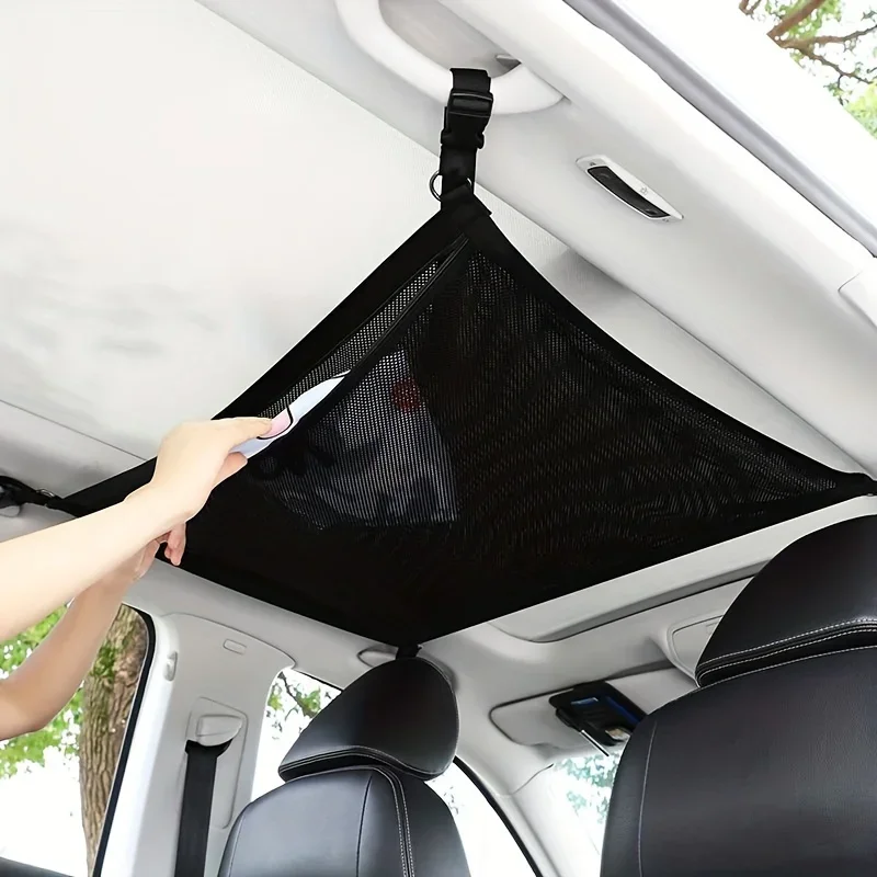 1pc Double Layer Adjustable Car Roof Cargo Mesh Bag, Car Roof Storage Bag, Suitable for SUV, Long-distance Travel Storage Bag
