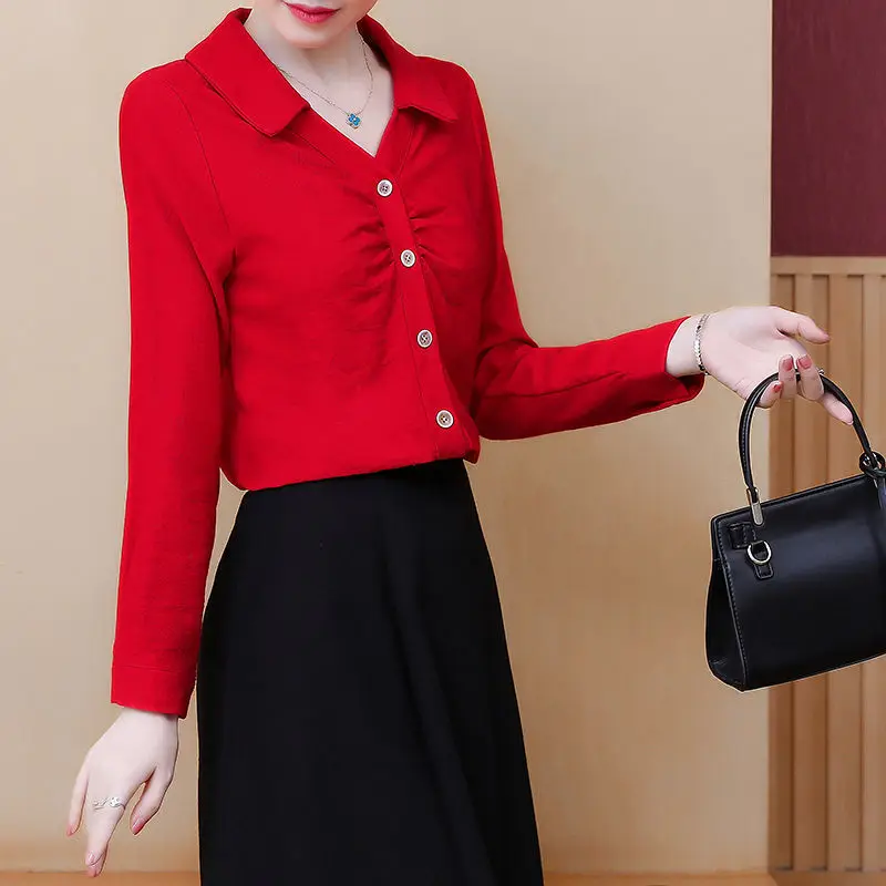Fashion Office Lady Long Sleeve Button Shirt Elegant Basic Turn-down Collar Folds Solid Color All-match Blouse Women's Clothing