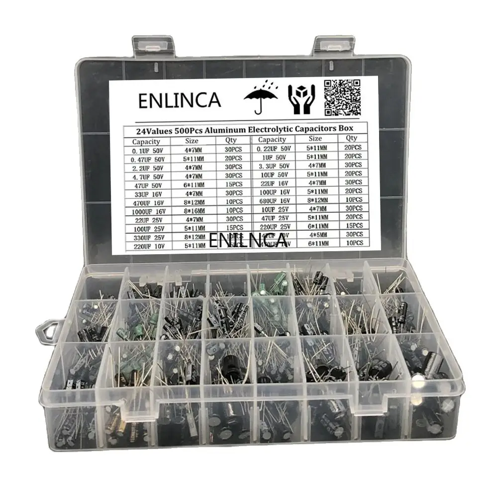 Aluminum electrolytic capacitor 510Pcs/lot 0.1UF-1000UF 24Values Aluminum Electrolytic Capacitors 16-50V mix Electrolytic capacitor Assorted kit and storage box