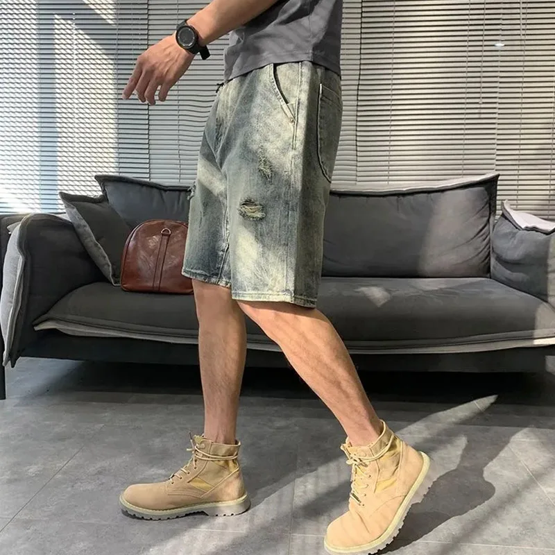 2024 New Summer Perforated Denim Shorts Fashion Men's Business Travel High Quality Street Loose Thin Straight Shorts Light Blue