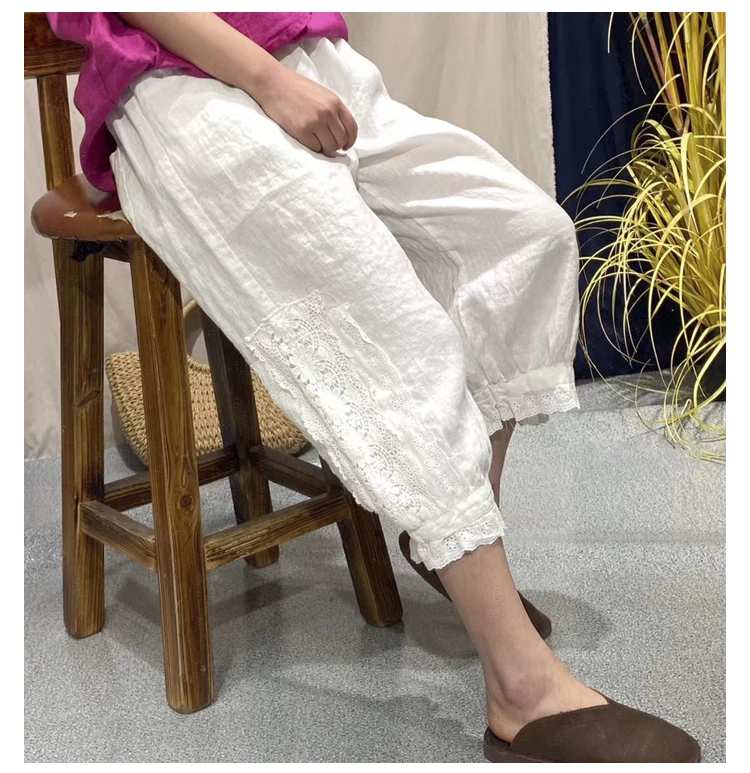 ladies cropped trousers Women Summer Linen Lace Patchwork Solid Color Harem Pants Ladies Vintage Flax Harem Trousers Female 2022 Pants RV523 plaid pants