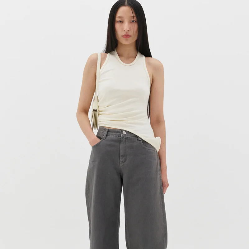 

Grey Asymmetric Design Work Word Undershirt 2023 Summer New Female Commuter Sleeveless Pullover Tops High Quality