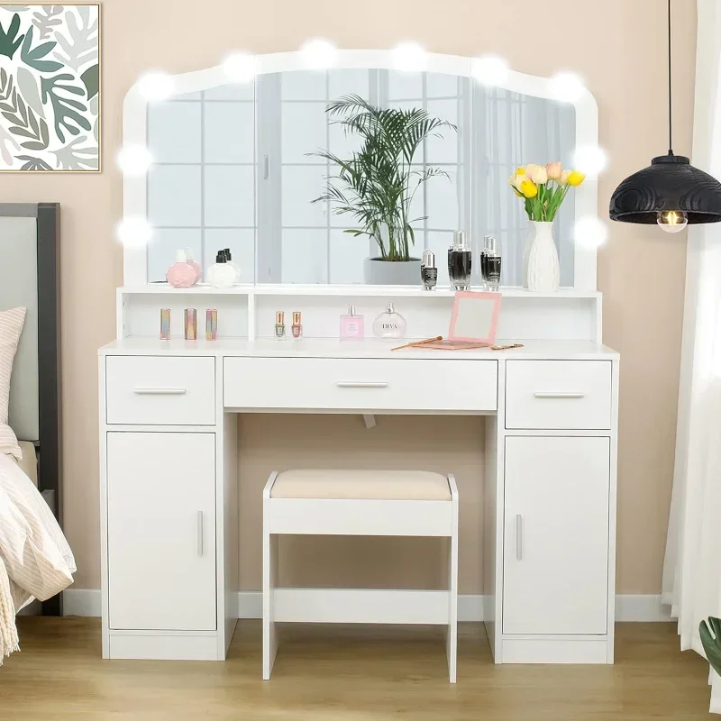 

usikey Large Vanity Desk with Lighted Mirror, Modern Makeup Table 3 Drawers, 2 Storage Cabinets & 10 LED Bulbs