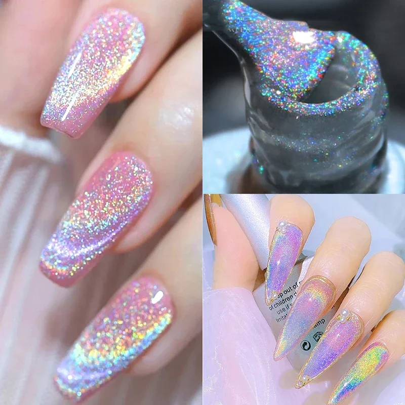 Laser Rainbow Cat Eye Gel Magnetic Nails Polish Reflective Sparkling Glitter Gel Can Be Use on Any Color Nail Accesorios