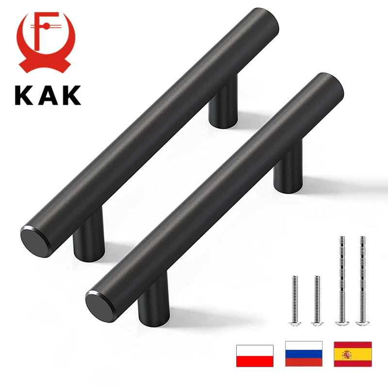 KAK 20pcs Brushed Gold Kitchen Handle Stainless Steel T Bar Door Pull 76mm 96mm Cabinet Knobs and Handles Black Furniture Handle