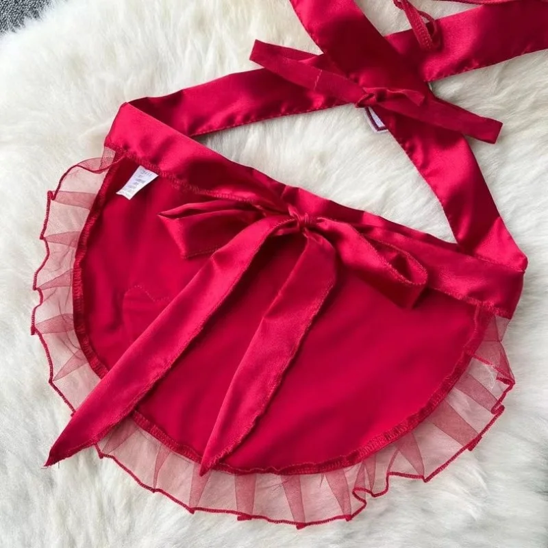 Sexy Hollow Out Pajamas Women Cosplay Servant Tie Backless Neck Hang Set Patchwork Heart-Shaped Red See-through HotSweet Dress