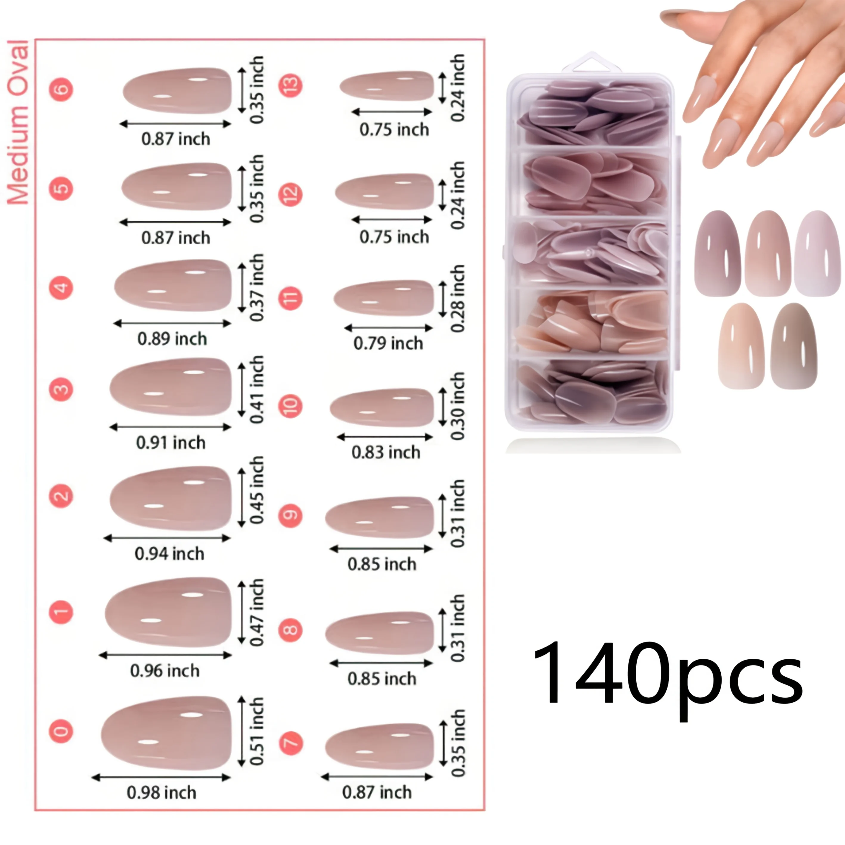 5-color gradient - coffin/almond/oval/square, 14 different sizes of acrylic nail tips, complete set of fake nail tips