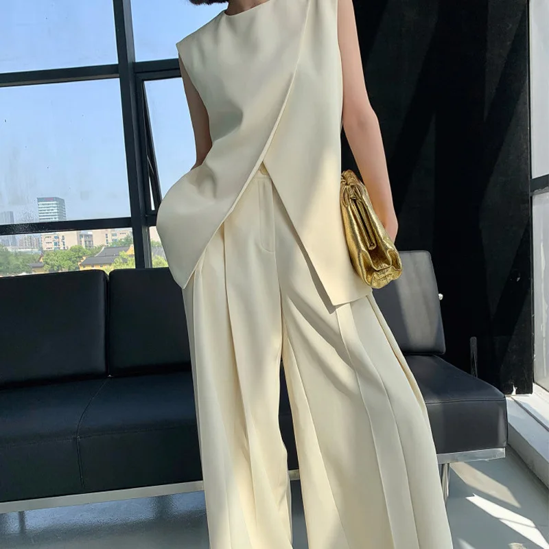 Beige two-piece suit women's summer 2024 new irregular fashion sleeveless vest top high waist wide-leg pants suit lordloar cable variation vest beige