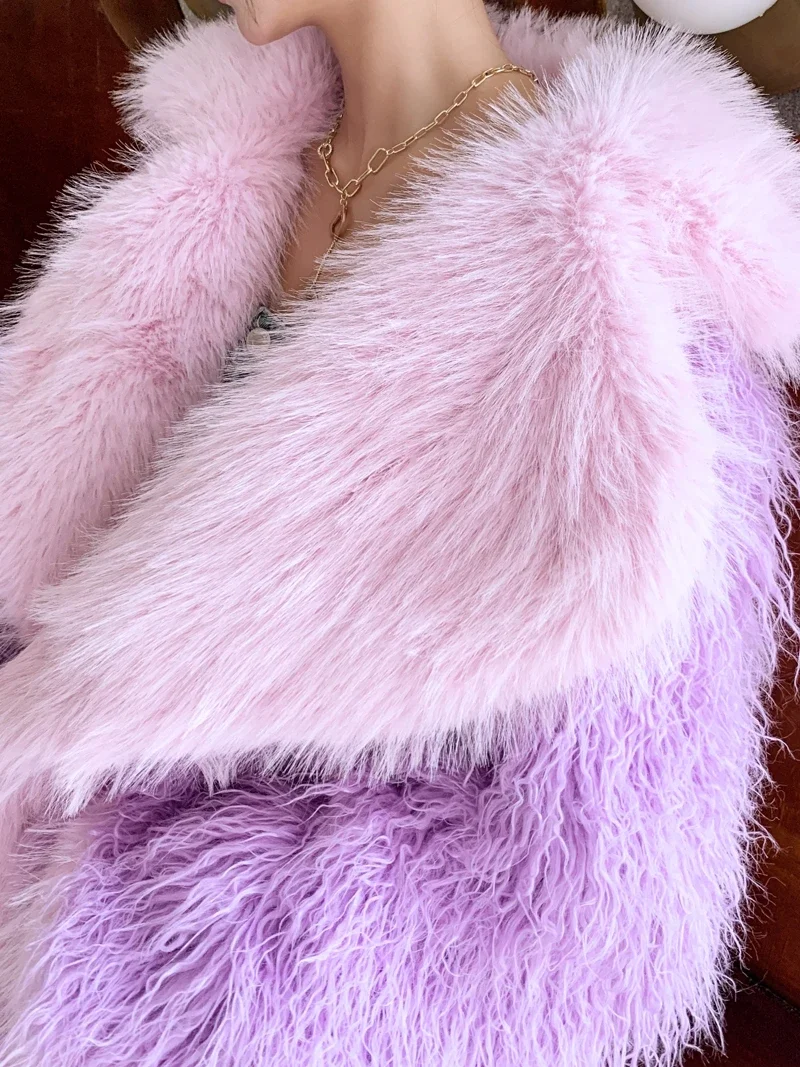 Cherry Blossom Pink Faux Fur Long Loose Large Lapel Furry Coat Women's Lamb Fur Large Pocket Coat Cotton Padded Thick Overcoats
