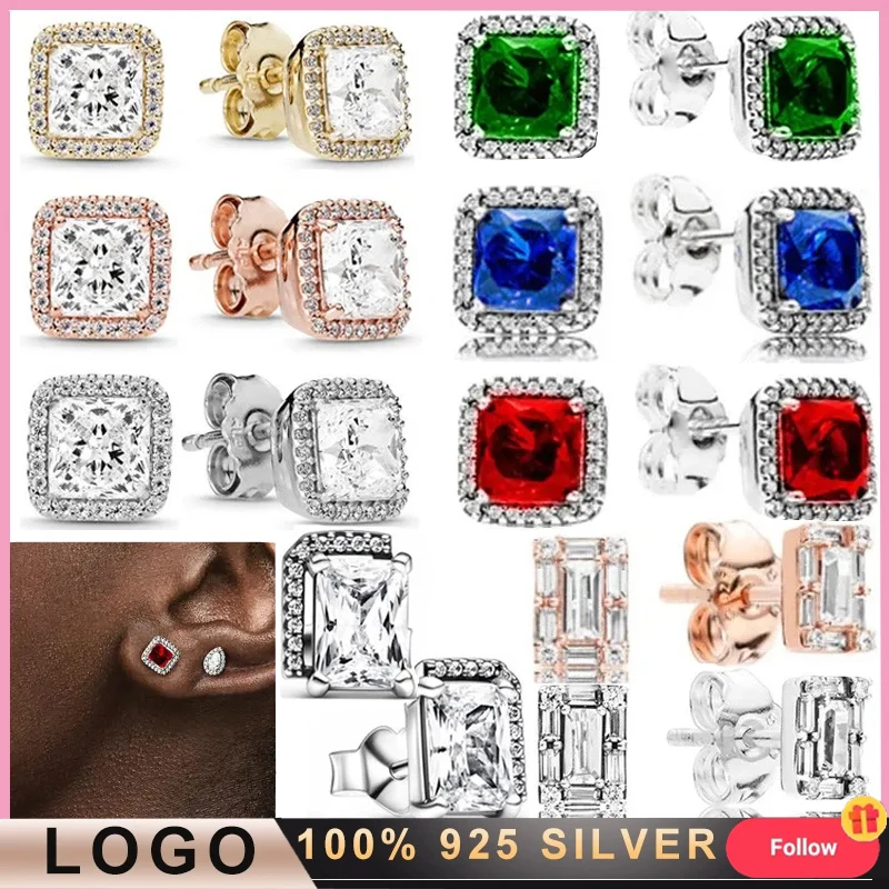 

New Original Logo 925 Sterling Silver Women's Square Shining Earrings Fashionable DIY Charming Jewelry Gifts Classic Retro