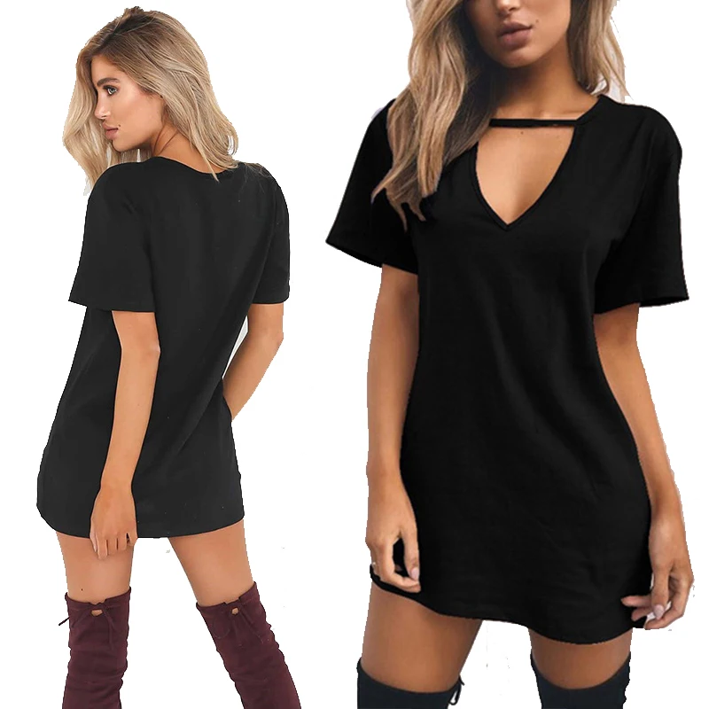 Summer Women Tshirt Dress Choker Deep Vneck Cut Out Mini Dresses