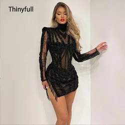 Thinyfull Glitter Black High Neck Short Cocktail Dress Long Sleeves Beads illusion Lady's Dress Mermaid Formal Party Prom Gowns