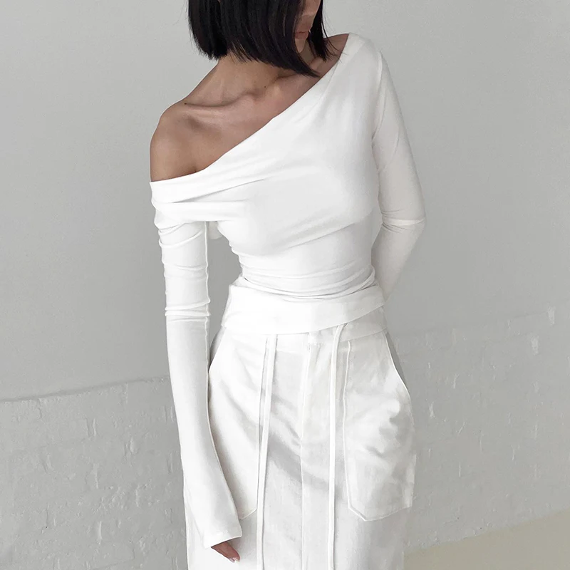 Irregular Swing Collar Ruched Off Shoulder Crop Vest Long Sleeve Backless Strappy Women Casual Tops Streetwear In Autum