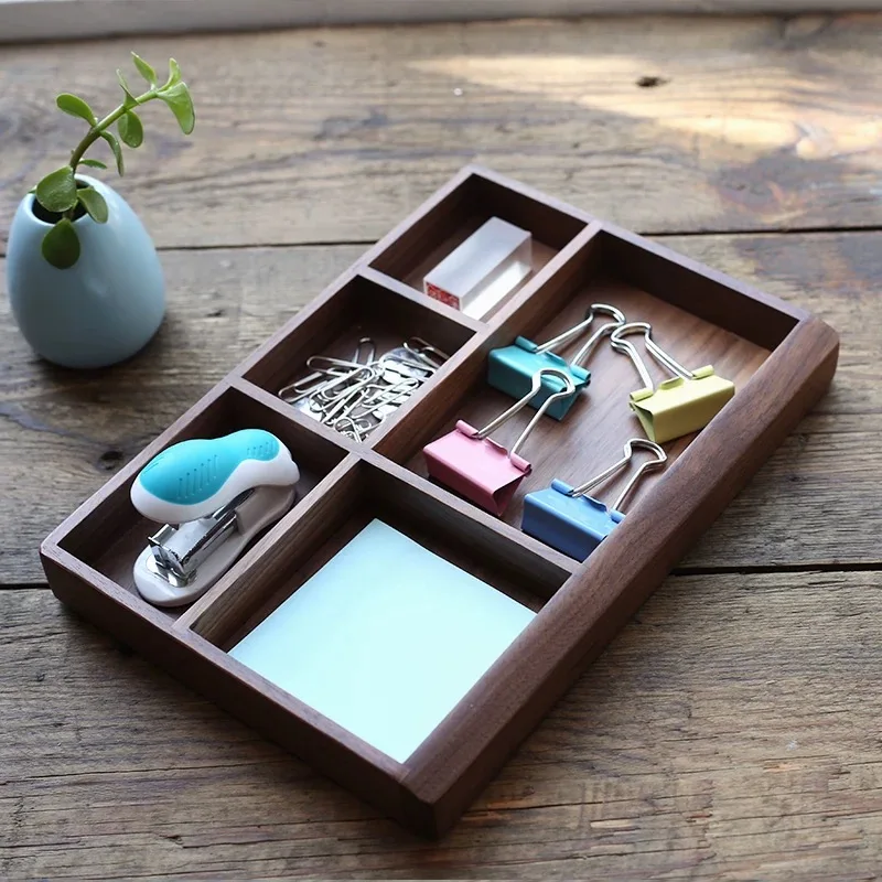 Black Walnut Multi-Functional Rustic Vintage Wooden 5 Division Entrance Key Holder Jewelry Storage Box Tray Desk Organizer