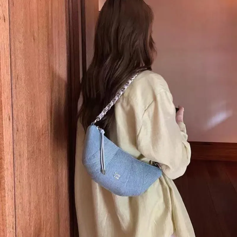 JIAERDI Retro Denim Hobos Bags Purse Women Hot Girls Chain Chic Light Blue Messenger Bag Female Harajuku Aesthetic Crossbody Bag