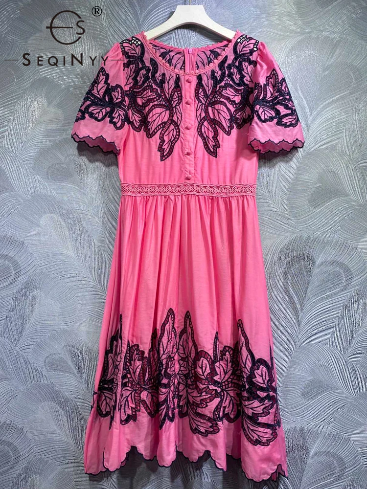 

SEQINYY 95% Cotton Dress Summer Spring New Fashion Design Women Runway High Street Embroidery Hollow Out Vintage Flower Elegant