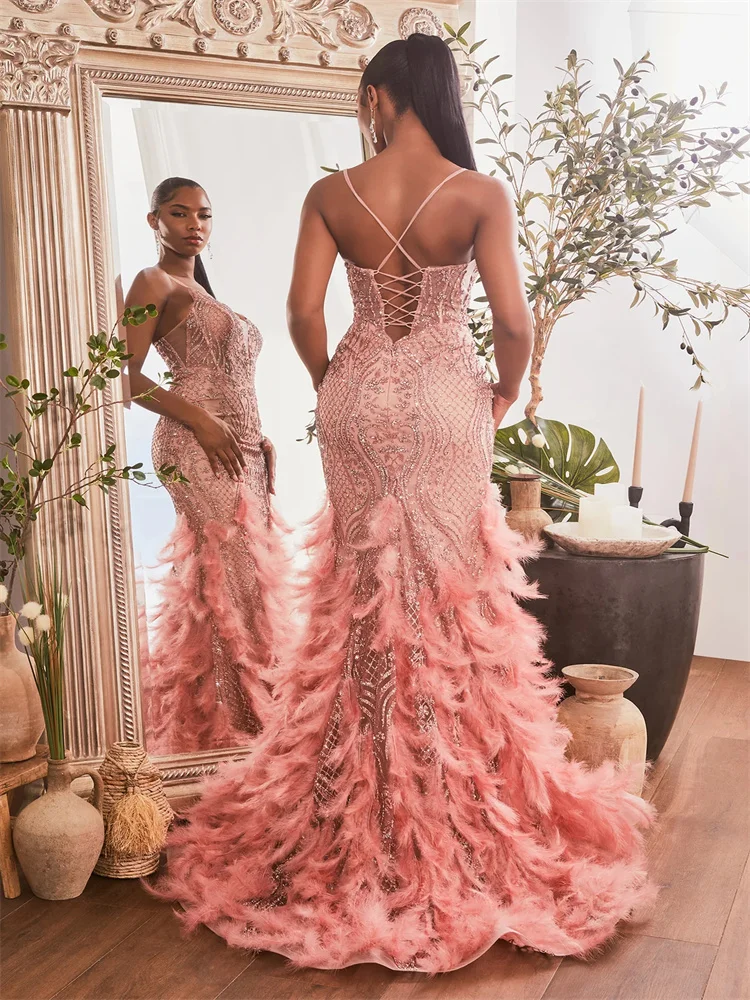 

Gorgeous Sleeveless V-Neck Bodice with Spaghetti Straps Corset Boning Evening Dress Open Lace-Up Back Sweep Train Feathers Gowns