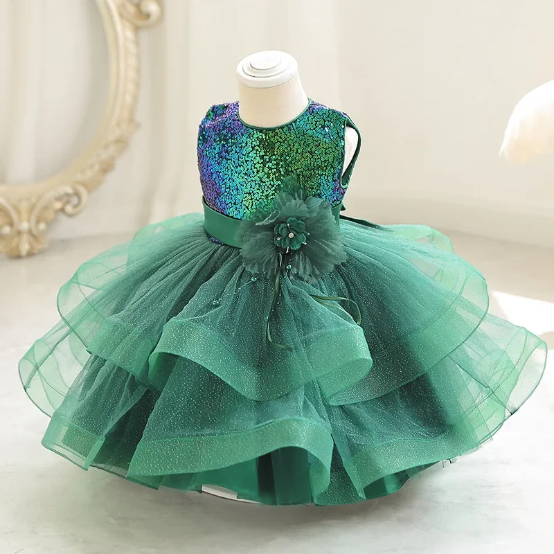 

2024 New Girls' Sequin Princess Dress 3-10 Year Old Flower Bow Cake Dress Halloween Banquet Host Performance Dress