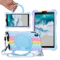 Durable Kids Safe 8 - Inch Soft Bubble Silicone Tablet Cover with 360° Rotating Stand for Nokia T10 8inch (RainbowBlue)
