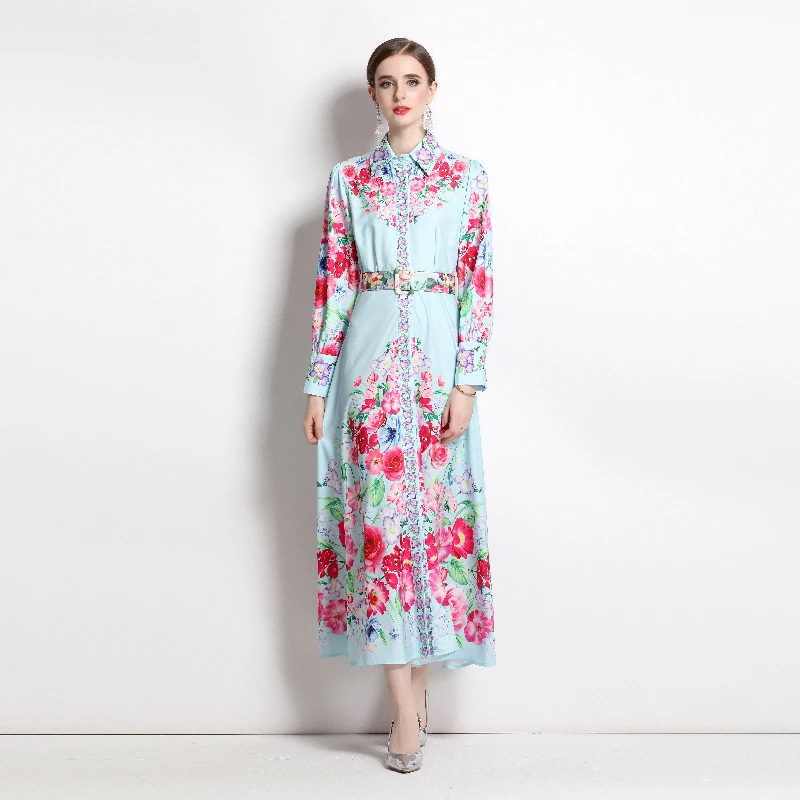 

2023 New Fashion Chiffon Printed Dress Women's Summer Retro Versatile Loose Fit Long Sleeve Leisure Vacation Vestidos