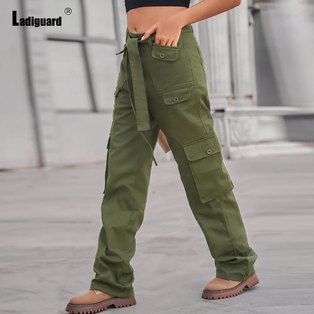 2023 European Fashion Cargo Jeans Women Straight Leg Denim Pants Boyfriend Stand Pocket Trousers Waist Sashes Demin Pantalon