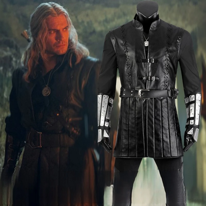 

Halloween Carnival Witch Cosplay Geralt Costume Wild Hunter Battle Outfit Wizard Hunter Suit with Props Men Disguise RolePlay