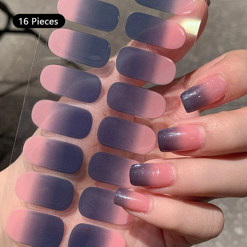 Nail Stickers Pink Nude Full Cover Nail Sticker Gradient Color Self-Adhesive Simple Full Nail Wraps DIY Thermal Effect Art Making Manicur