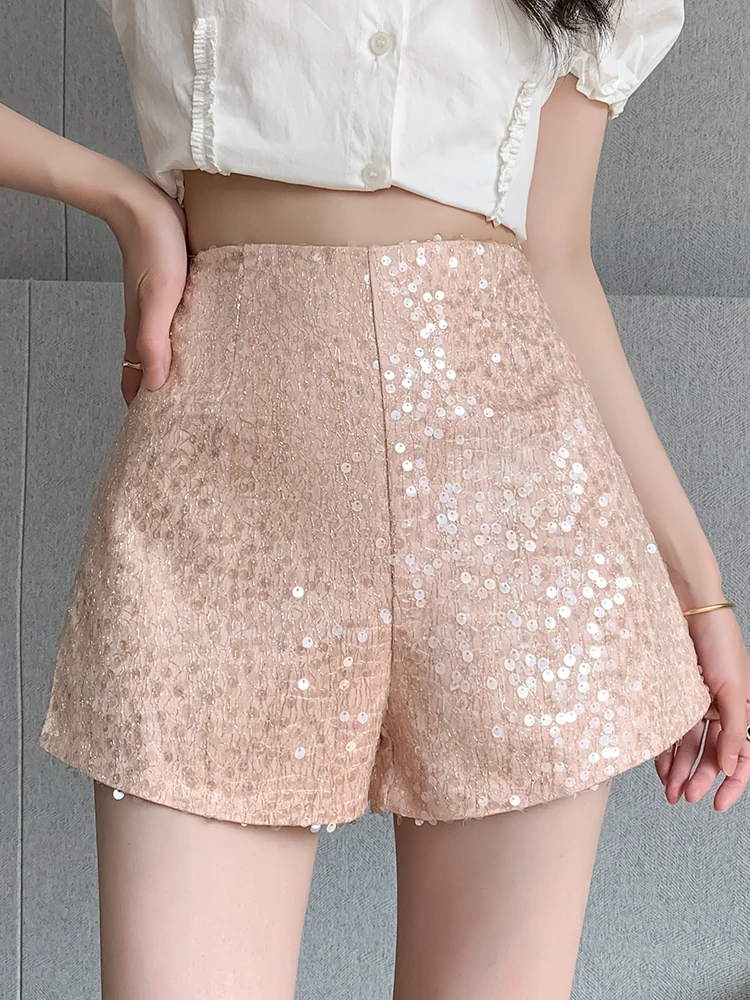 QOERLIN Heavy Bling Bling Sequins Shorts High Waist Elegant Girls Y2K Shorts Fashion Hot Shorts Streetwear Pole Dancing Outfits