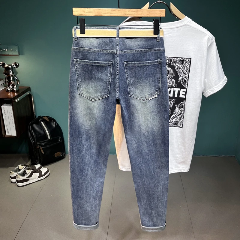 2024 Spring and Summer New Embroidery Jeans Men's Fashion Waist Letters Embroidery Belt Tapered Slim-Fit Pants