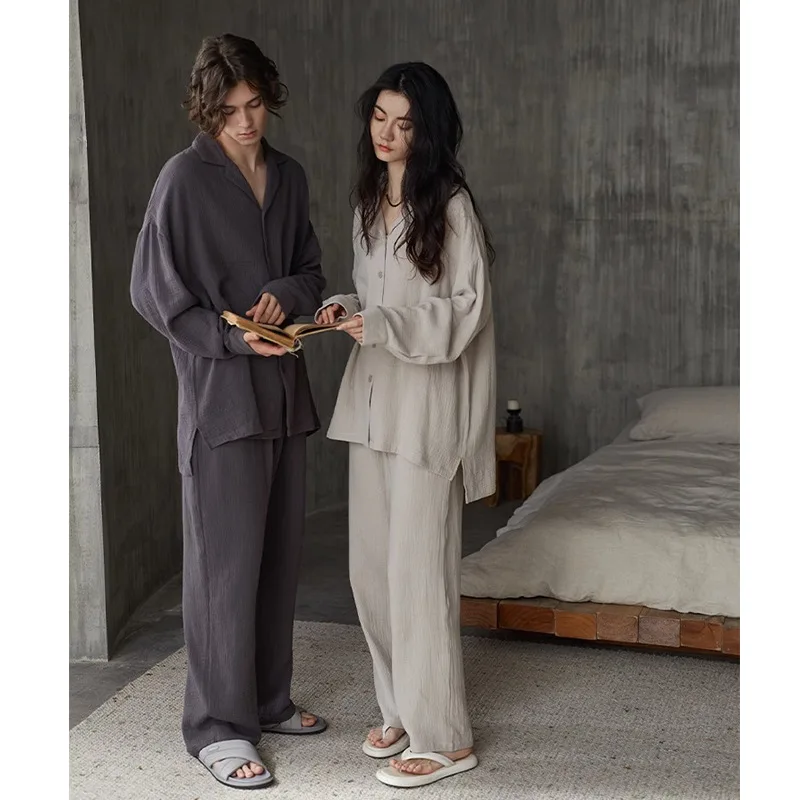 2024 New Couple Pajamas Long-sleeved Cotton Thin Loungewear Women's Simple and Loose Can be Worn Outside Casual Suits